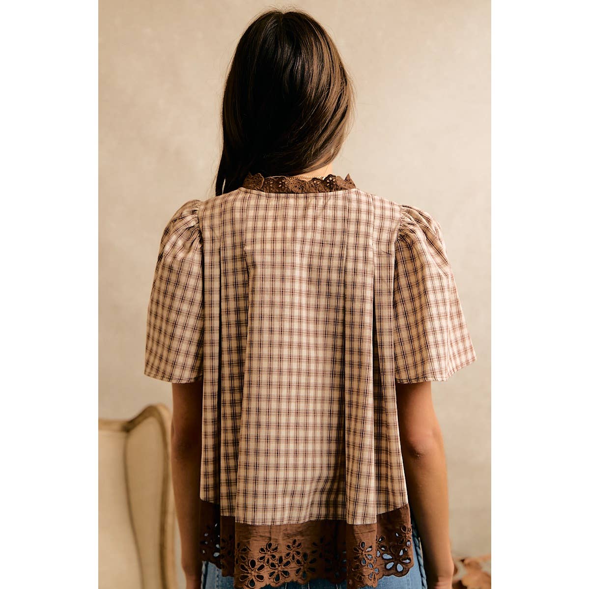 Brown Gingham and Lace Flutter Sleeve Blouse - 143921