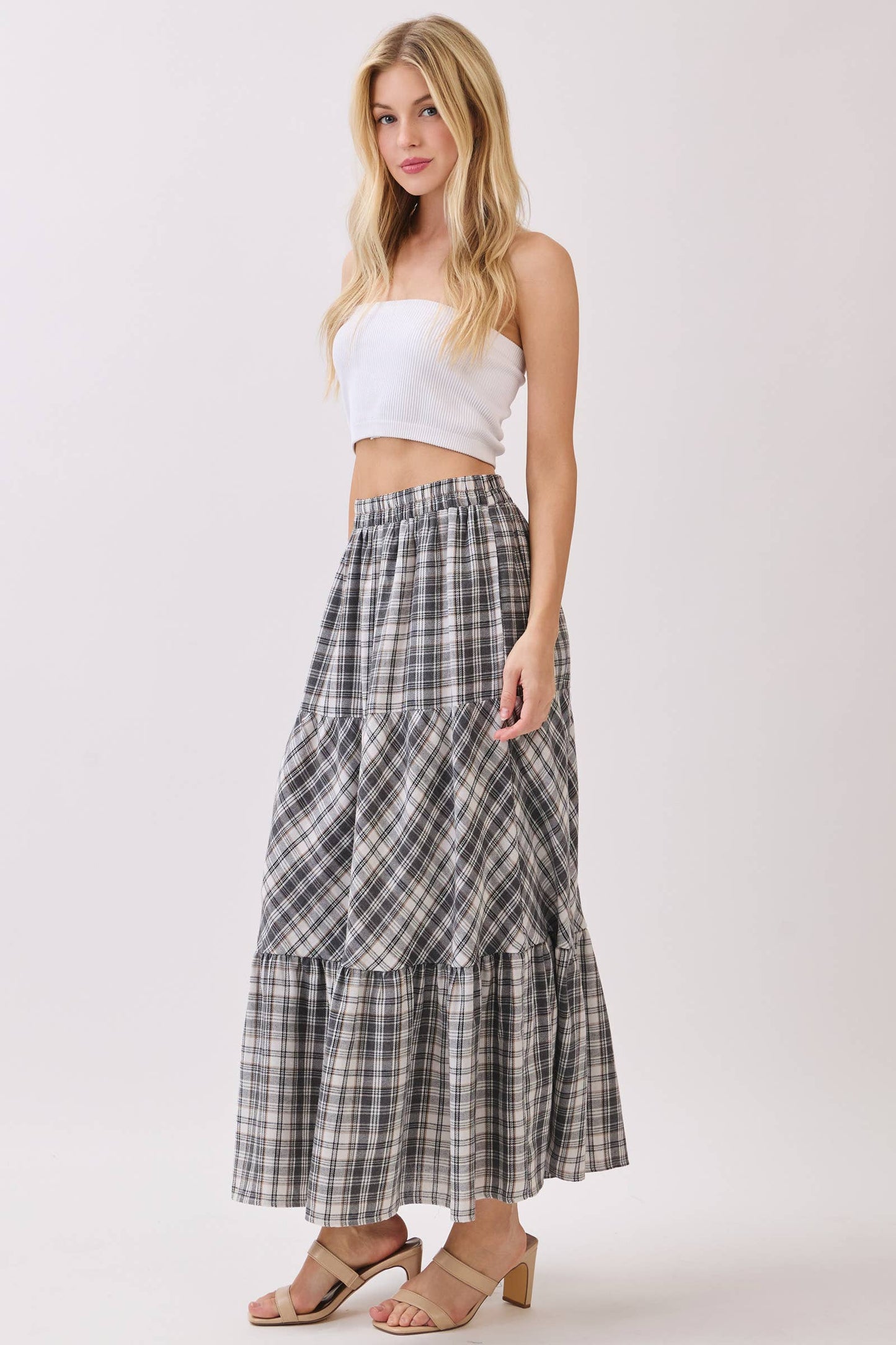 Boho Plaid Tiered Midi Skirt