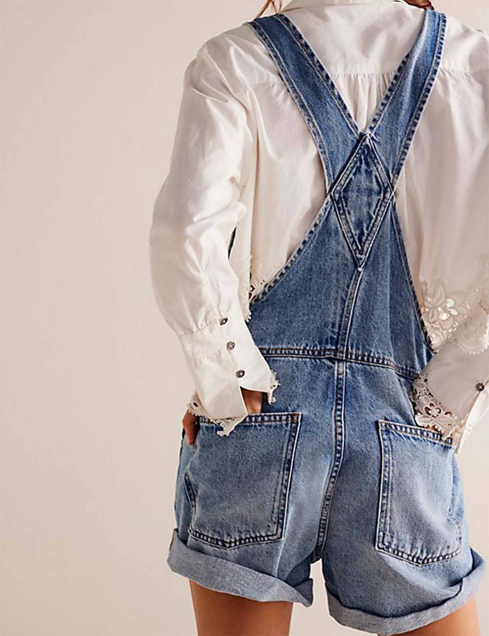Light Denim Roll Hem Shorts Romper-111680