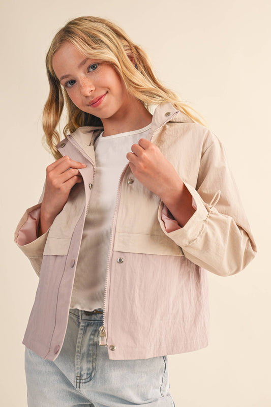 Biege/ Lavender Hooded w/ Cinch Cuffs Windbreaker