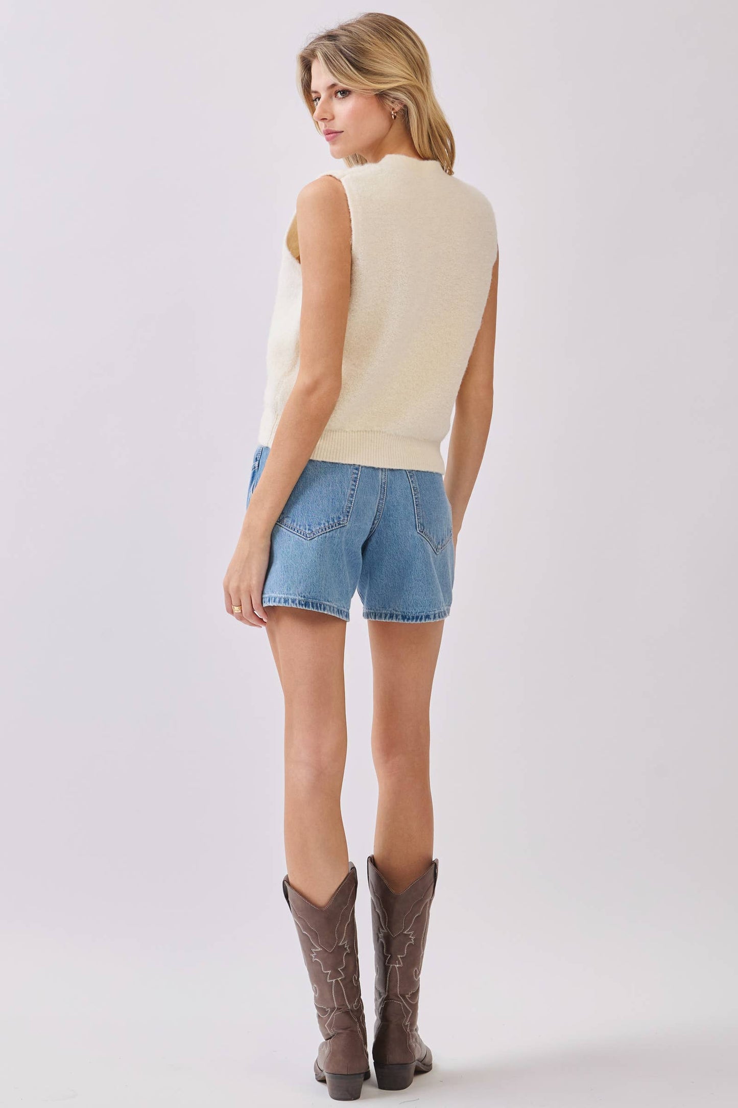 Ivory Fuzzy Sweater Vest with Gold Bow Buttons