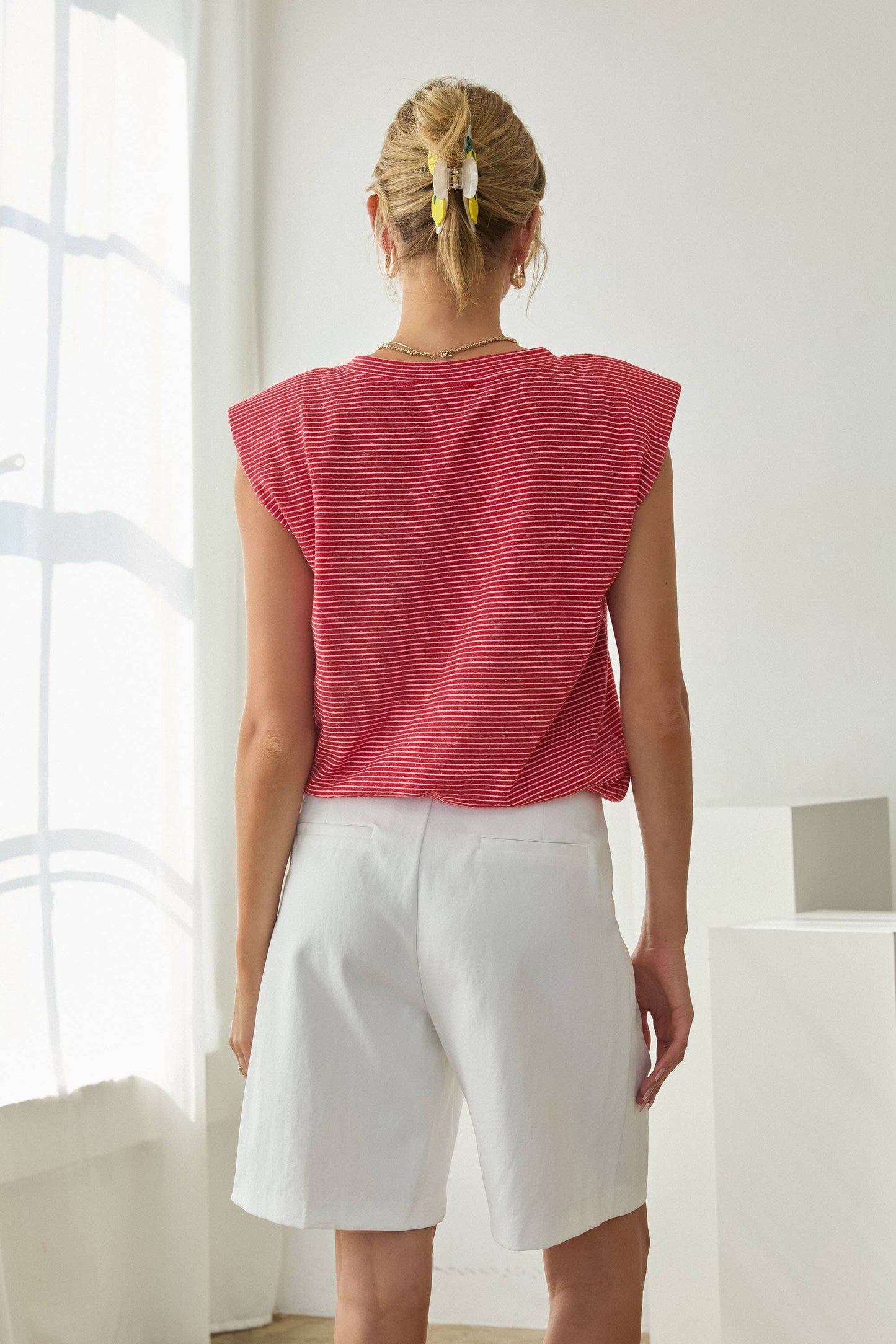 Red Stripe Knit Bubble Hem Tank Top-144741