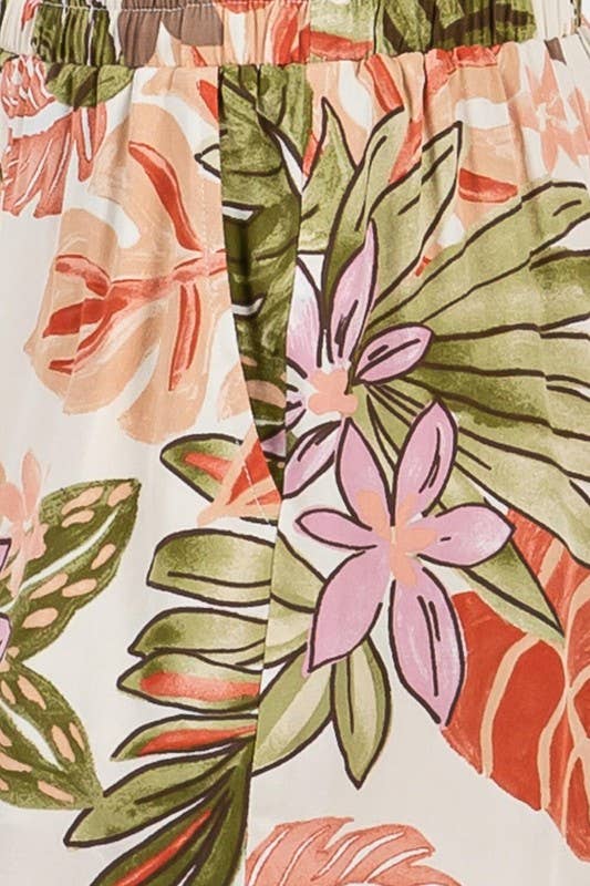 Ivory and Coral Foliage Print Flirty Dolphin Hem Line Shorts