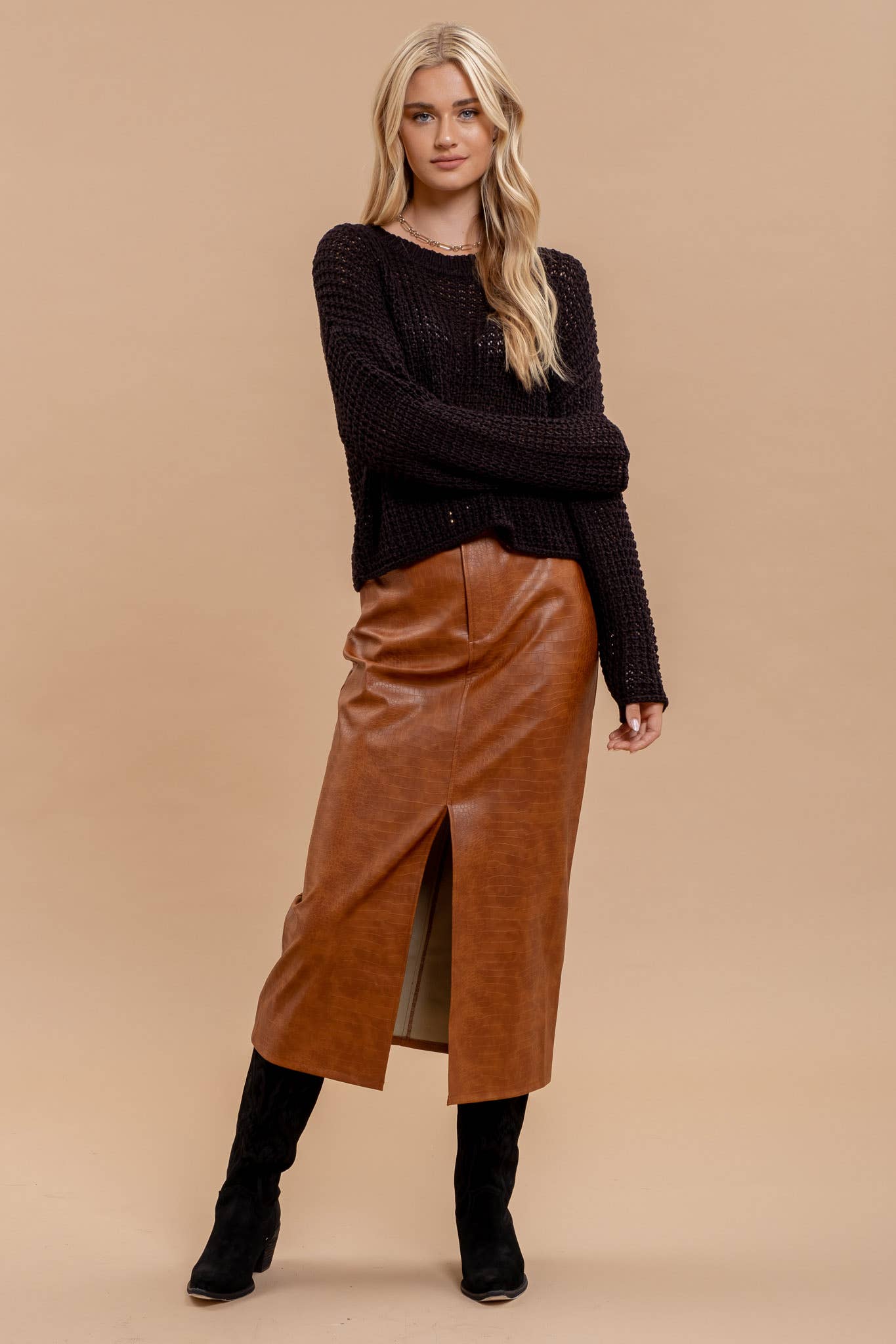 Black Sheer Knit Crew Neck Sweater