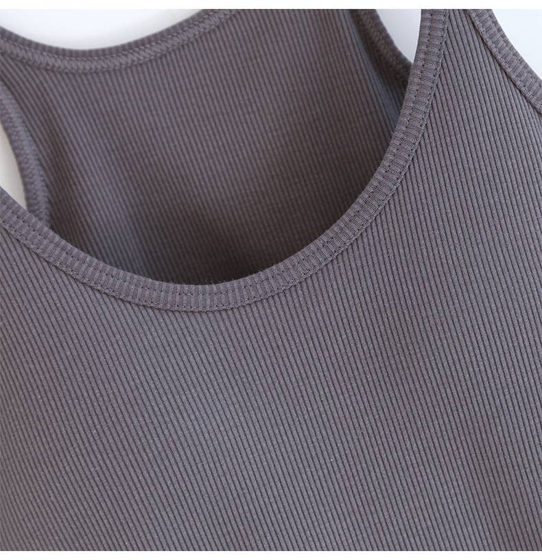 Beige athletic Spoon U-neck built-in bra rib tank top