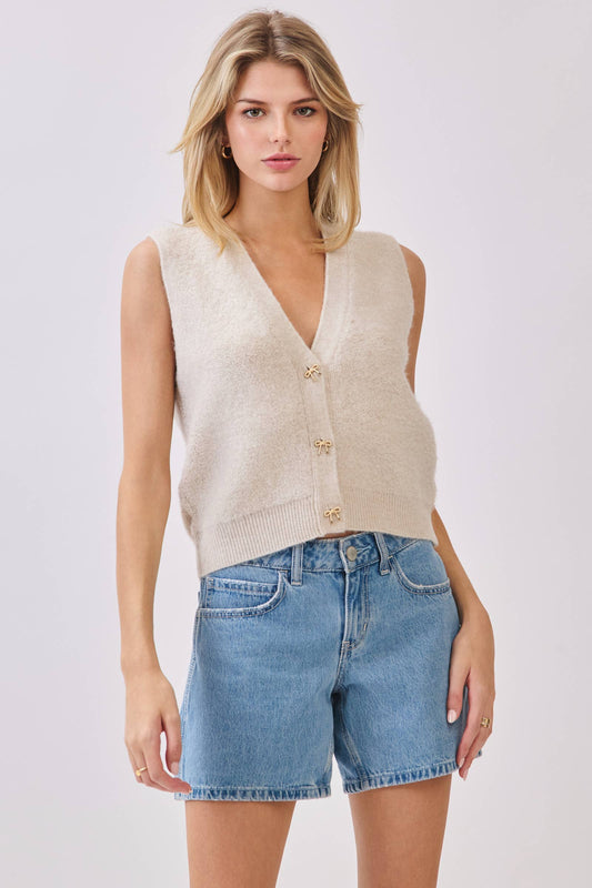 Ivory Fuzzy Sweater Vest with Gold Bow Buttons