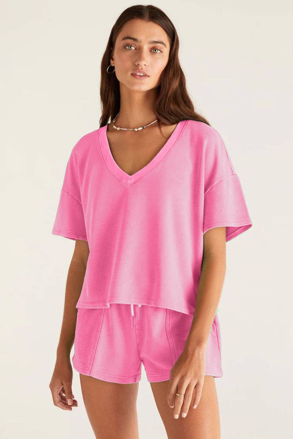 Sweet Pink Bonbon V Neck Drop Shoulder Tee and Patchwork Drawstring Shorts Set