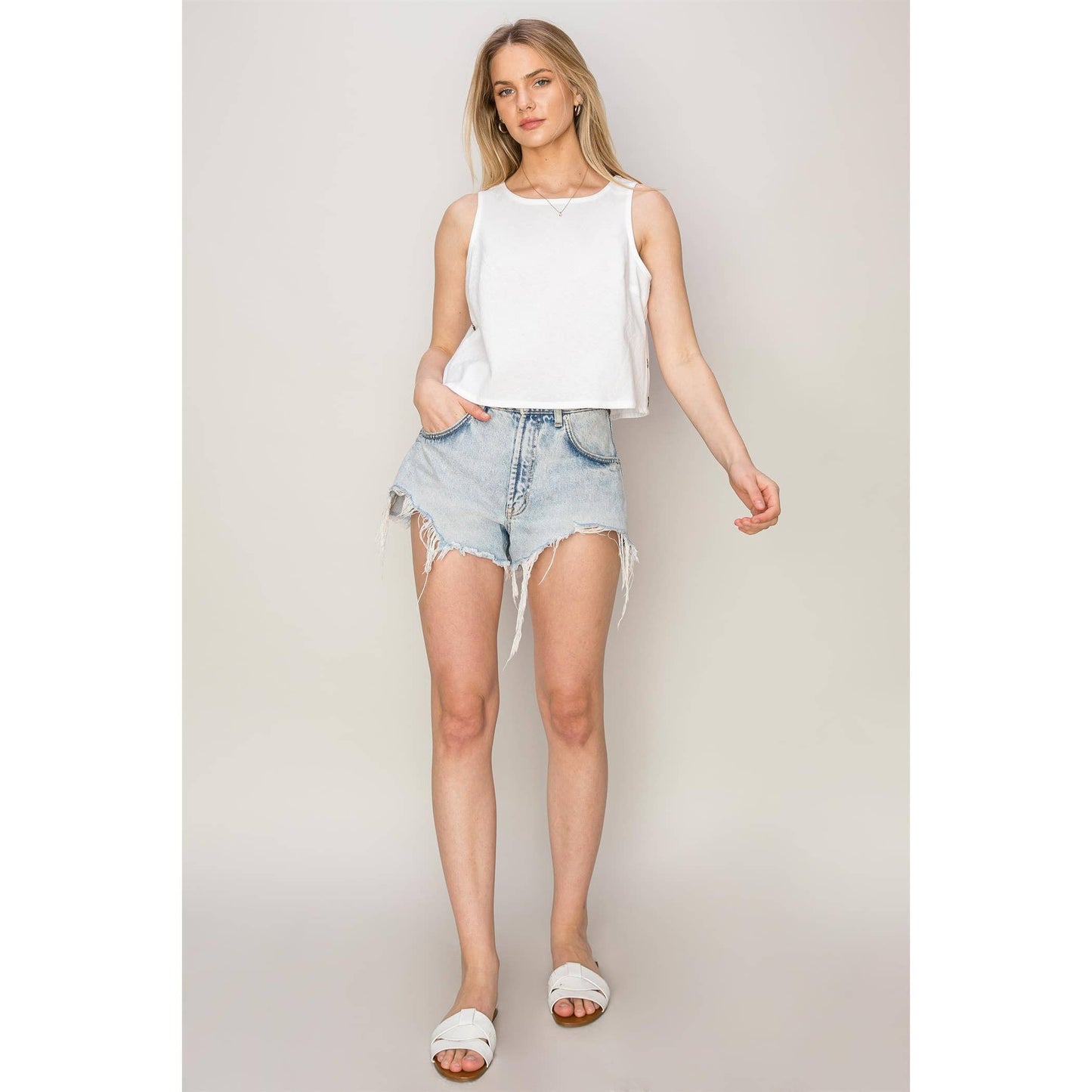 Side-Button Sleeveless White Tank
