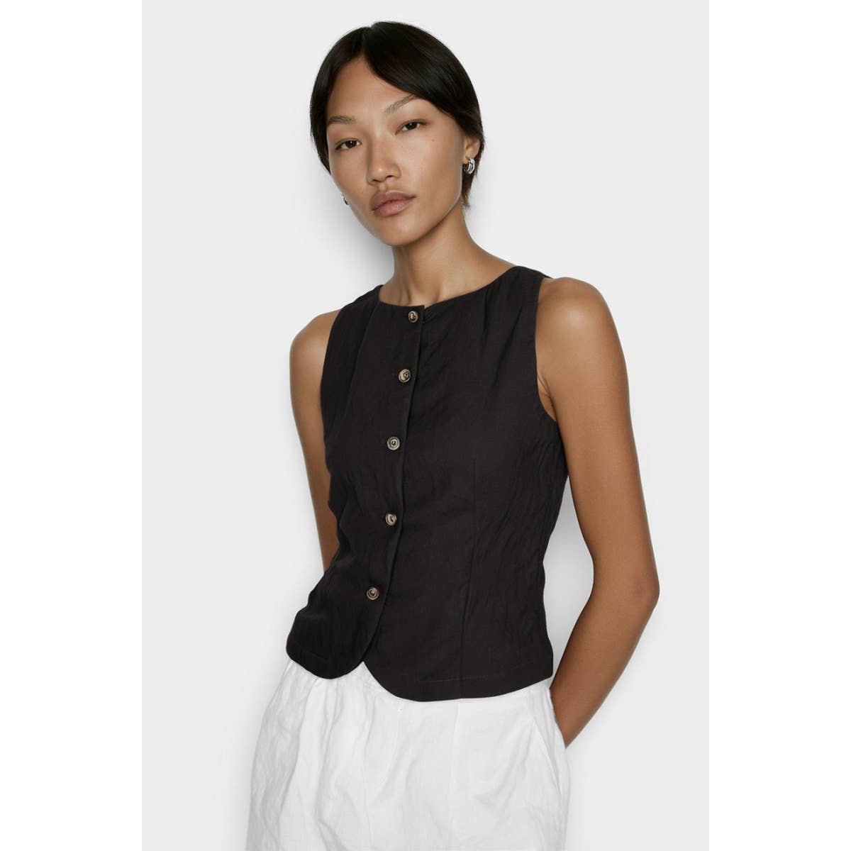 Black Sleeveless Woven Vest With Back Tie-145073