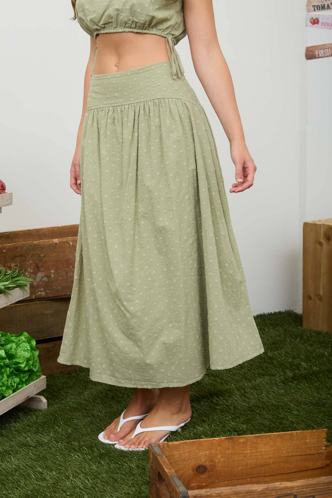 Jade Green Dot Textured Midi Skirt- 131005