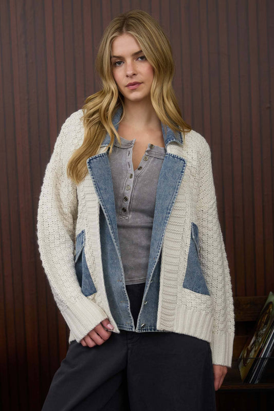 Cream Cable Knit with Denim Detail Sweater Jacket