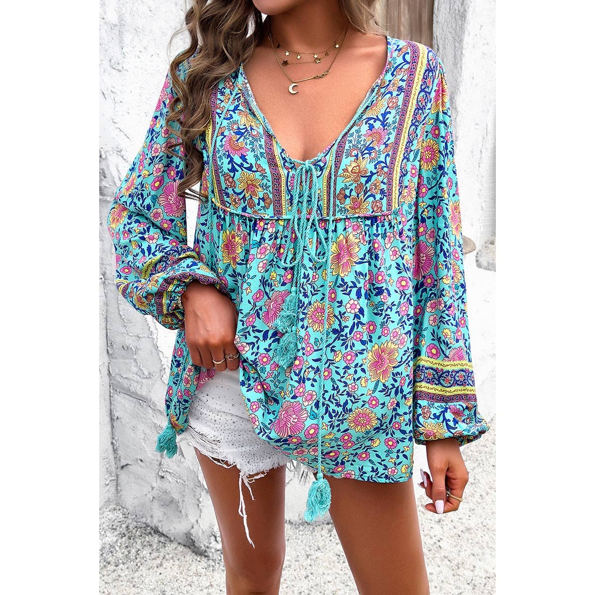 All Over Floral Print with String Tassels Deep V Boho Top
