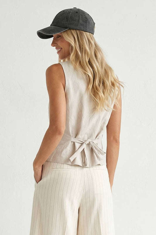 Tan Linen Blend Woven Vest With Back Tie - 145073