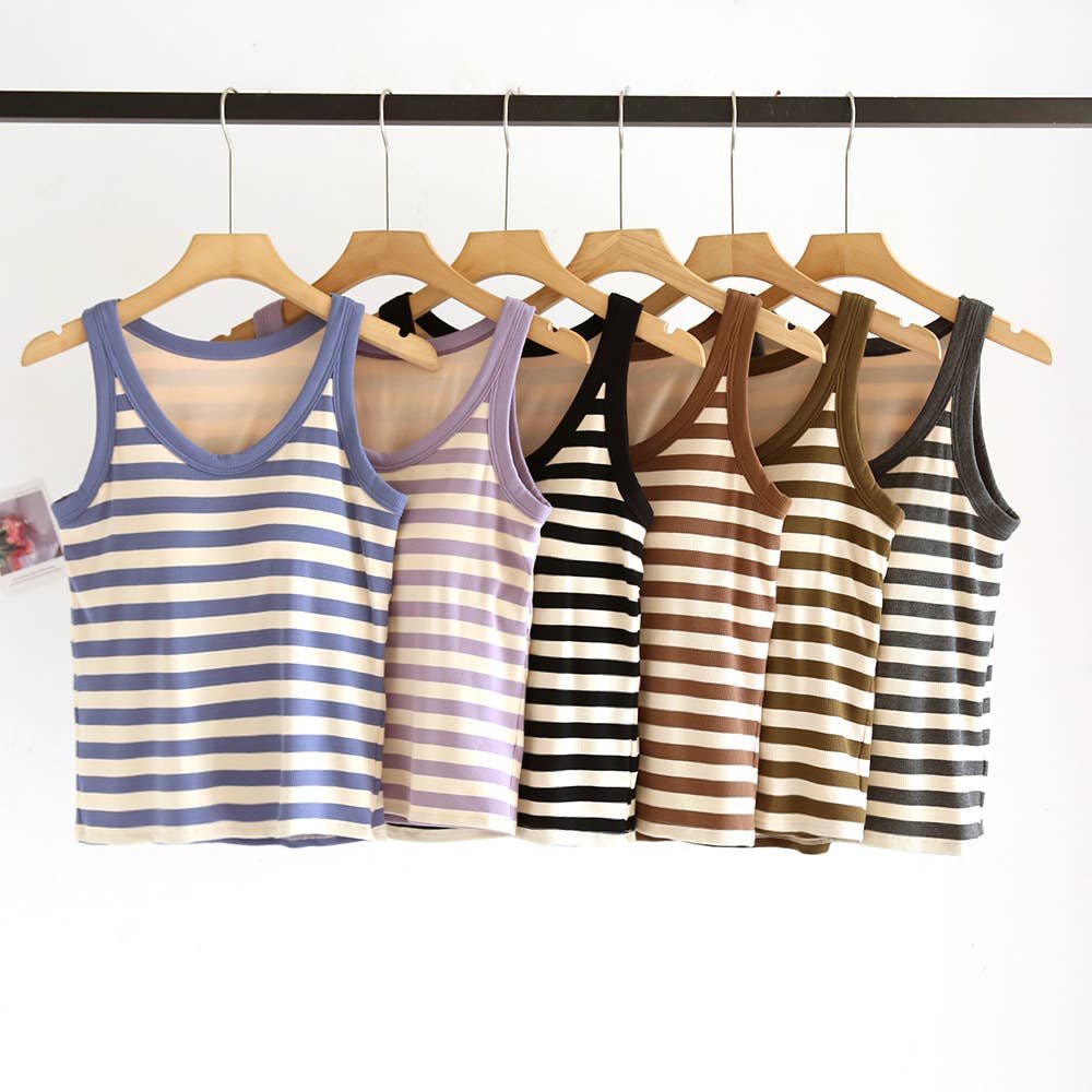 Your Choice...Coffee/ Blue/ Black and Cream Stripe Scoop Neck built-in bra Ribbed Tank Tops