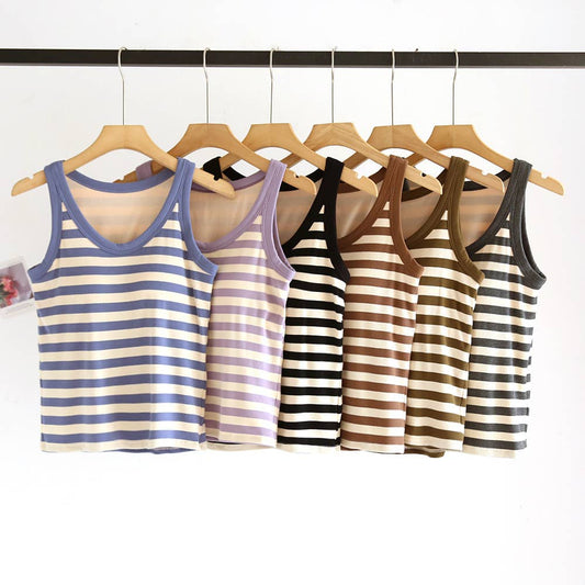 Your Choice...Coffee/ Blue/ Black and Cream Stripe Scoop Neck built-in bra Ribbed Tank Tops