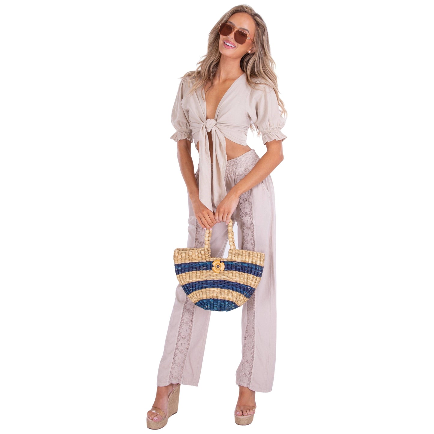 Fun Lattice Front Detailed Beige Cotton Pants