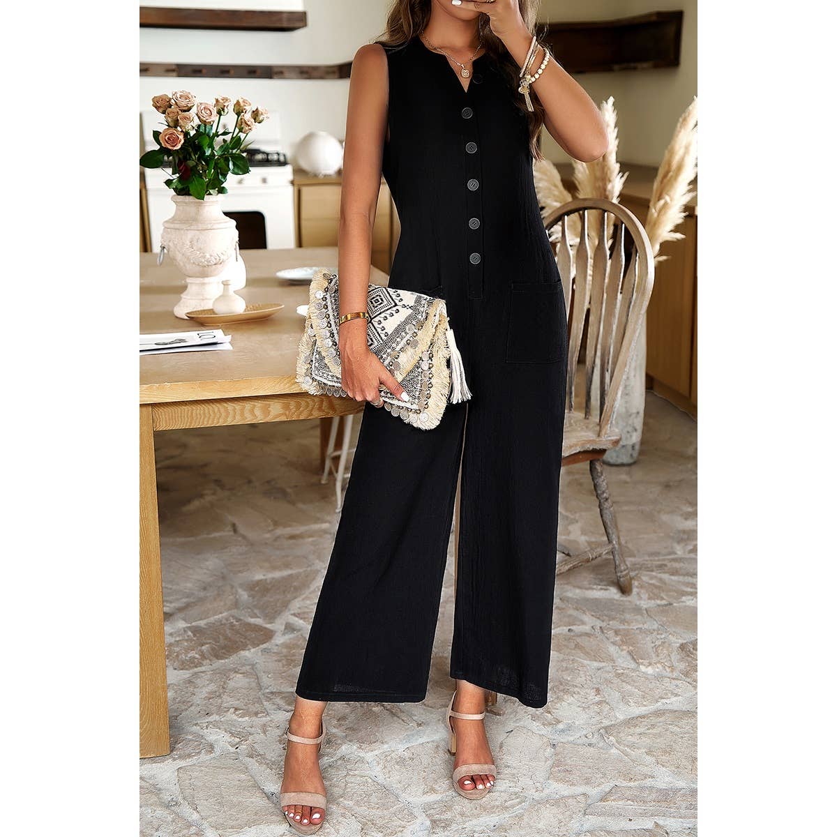 Green Elegant Sleeveless  Wide Leg Button Down Jumpsuit