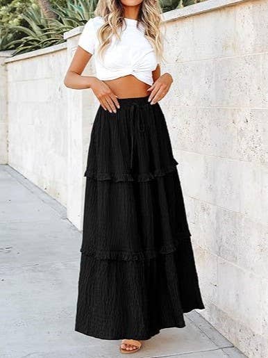 Black Ruffled Elegant High-Rise Tiered A-Line Skirt