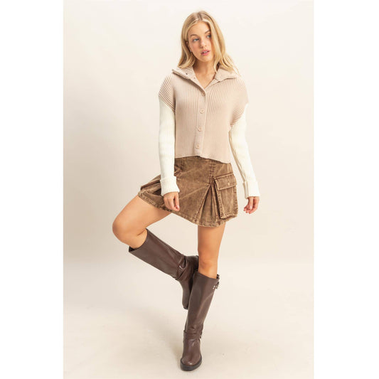 Sand and Ivory Contrasting Sleeves Sweater Cardigan- 155021