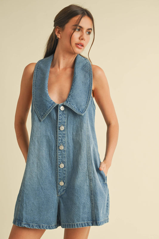 Relax Fit Cotton Denim Button Down Romper with Oversized Collar and  Side Pockets