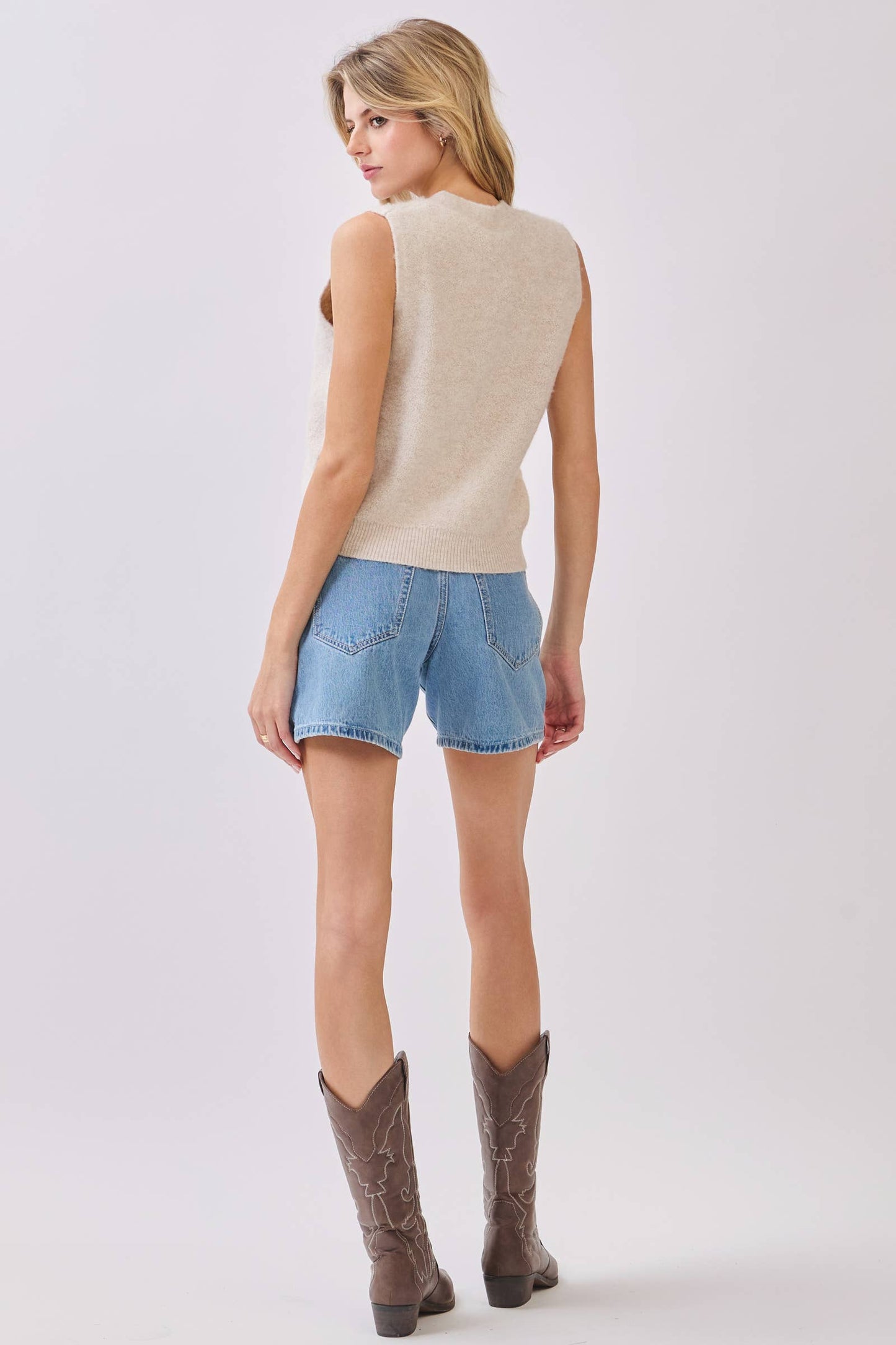 Ivory Fuzzy Sweater Vest with Gold Bow Buttons