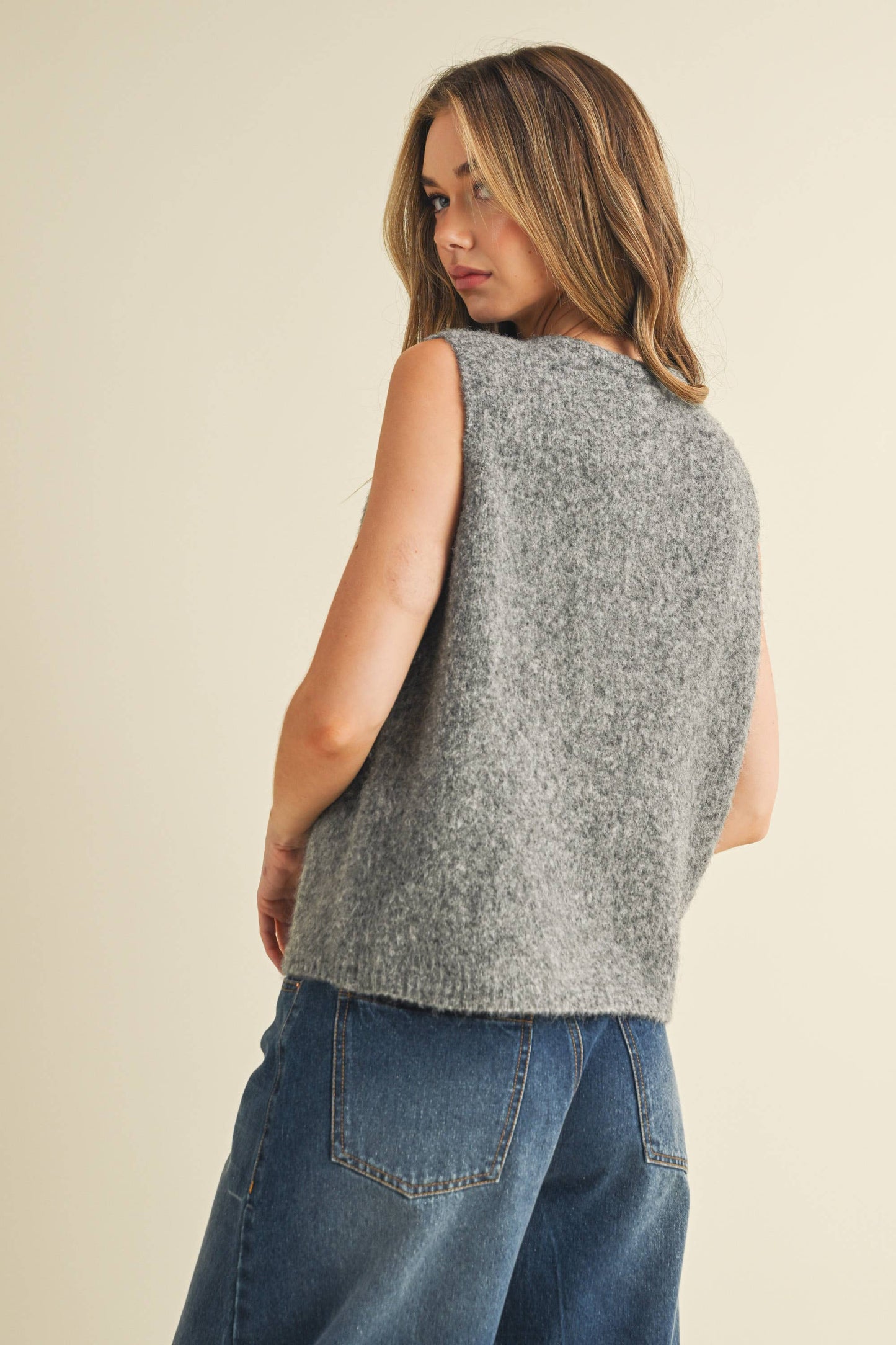 Soft Grey with Black Button Detail Sweater Vest