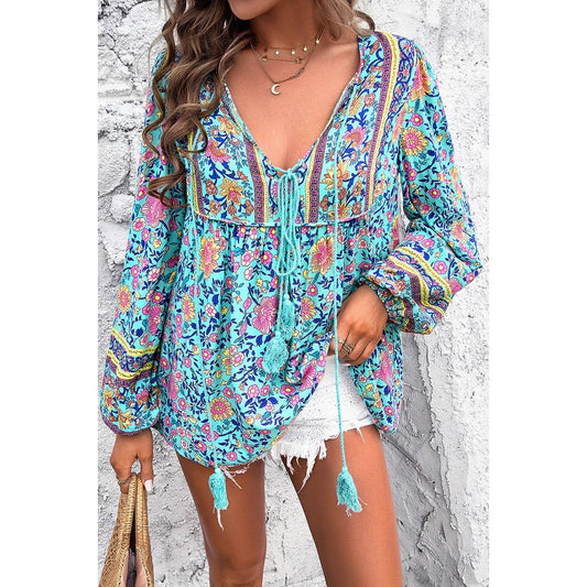 All Over Floral Print with String Tassels Deep V Boho Top