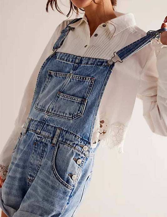 Light Denim Roll Hem Shorts Romper-111680
