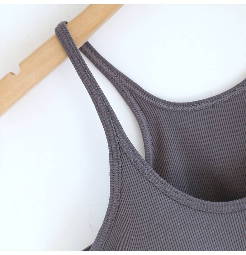Beige athletic Spoon U-neck built-in bra rib tank top