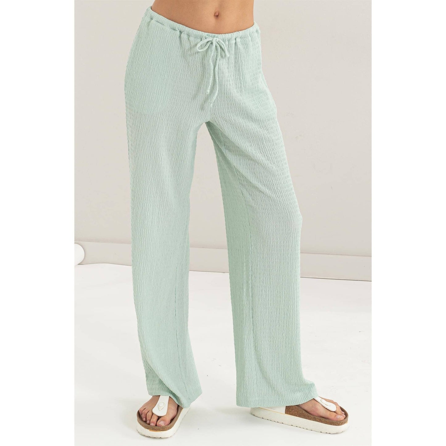 Soft Mint Crinkle Knit Wide Leg Drawstring Pants