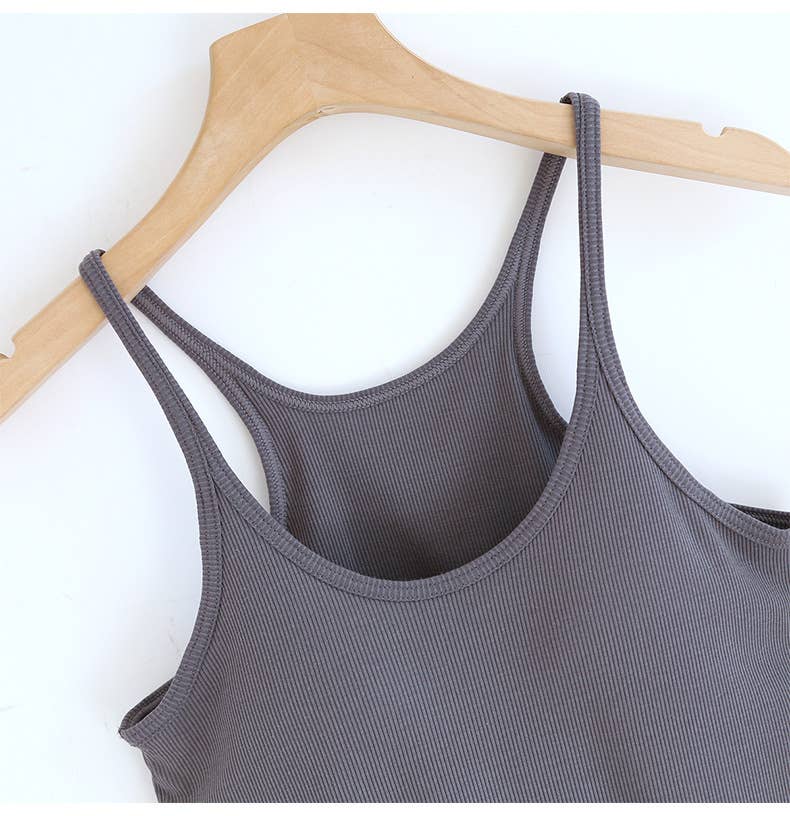 Beige athletic Spoon U-neck built-in bra rib tank top