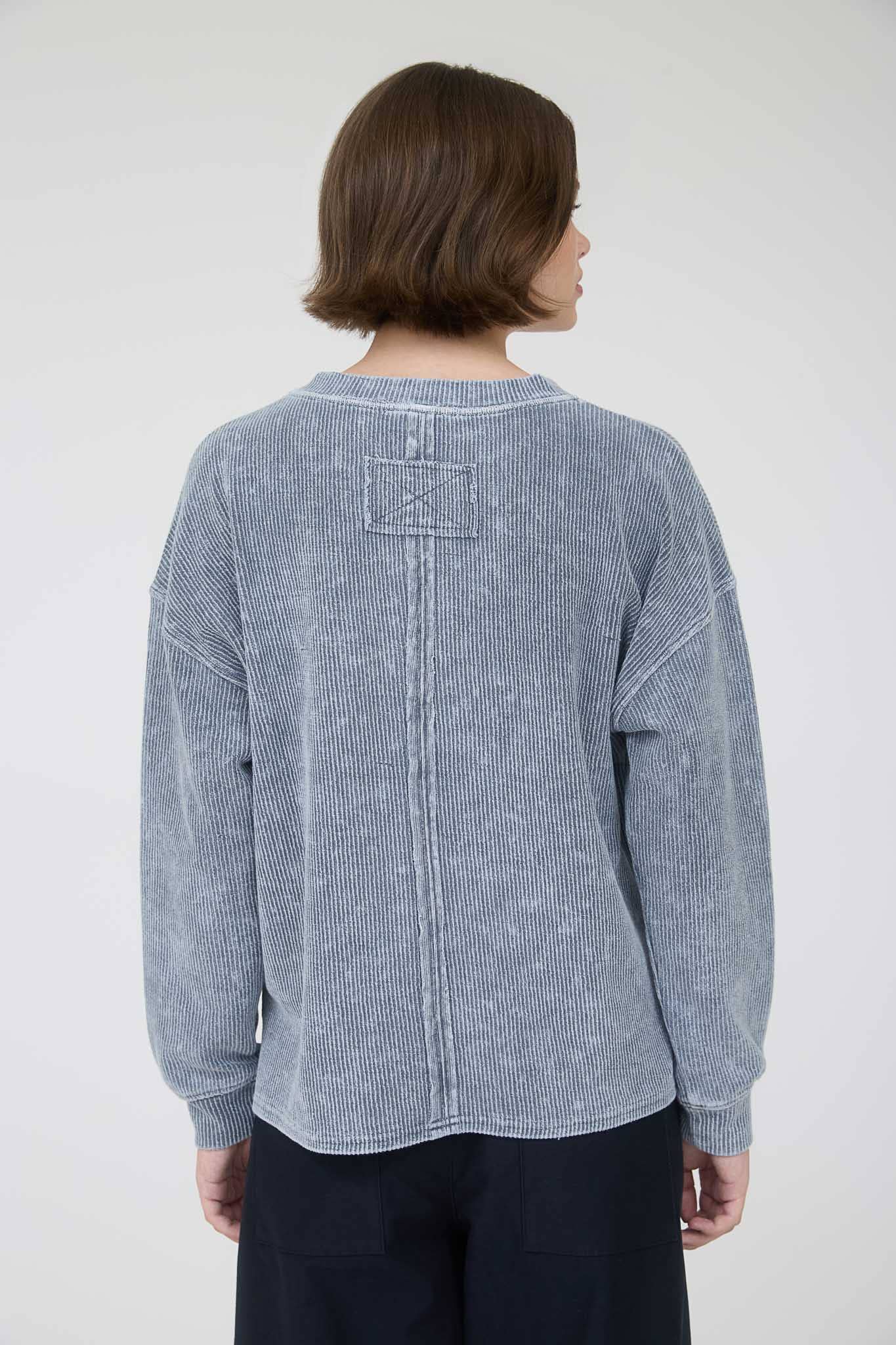 Acid Washed Oversized Blue Cotton Ribbed Front Pocket Top