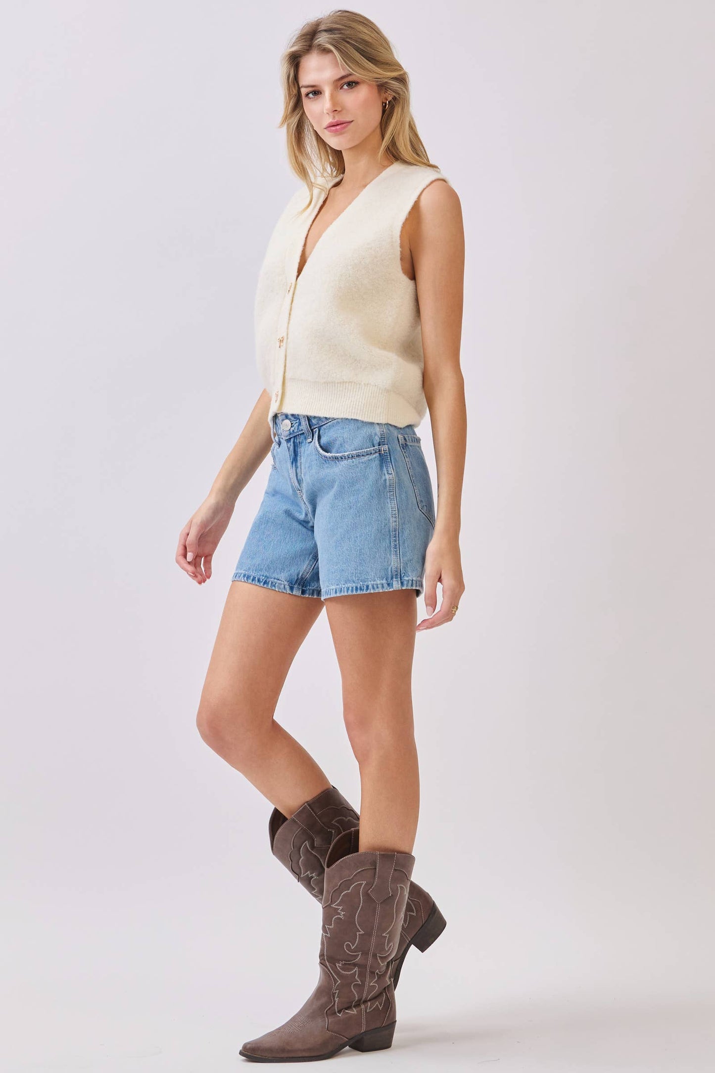 Ivory Fuzzy Sweater Vest with Gold Bow Buttons