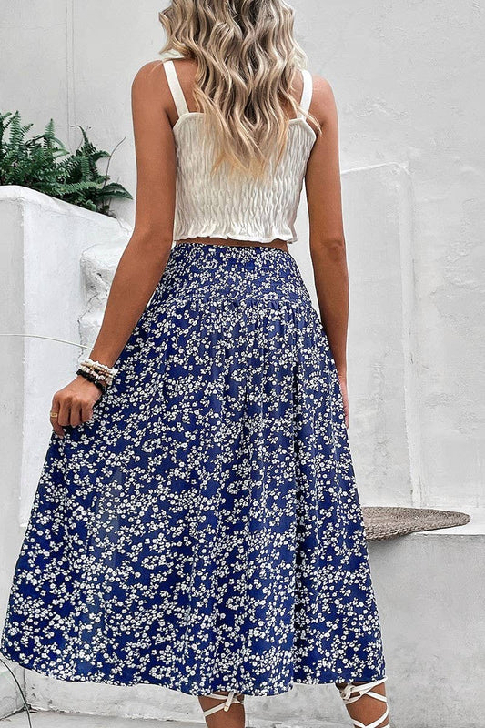 Blue and White Florally Print Smocking Flirty Midi Skirt