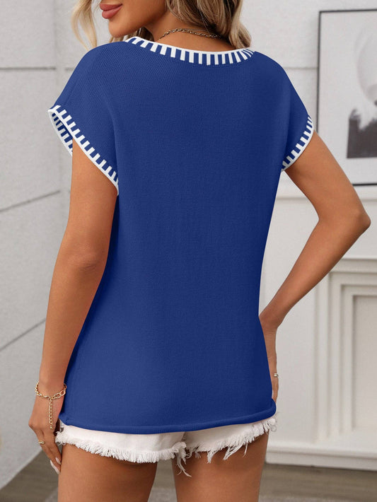 Vibrant Blue Summer V-Neck Sleeveless Solid Knit Top