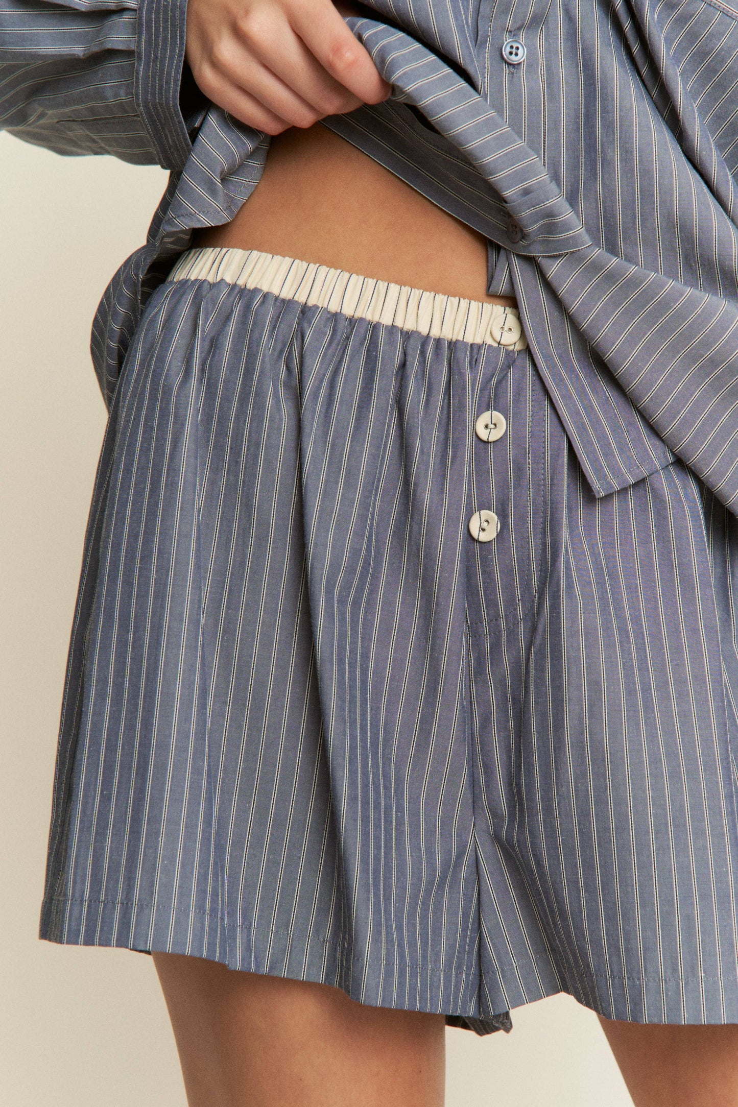 Blue Striped Cotton Button-Front Lounge Shorts