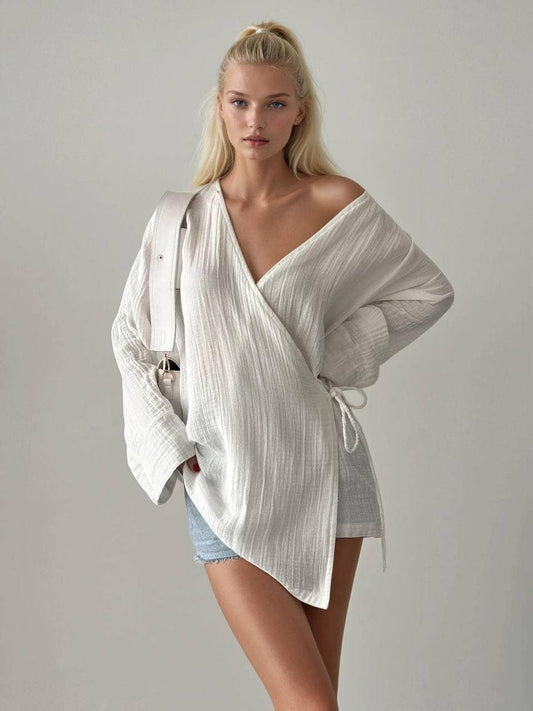 Creamy White Laced Side Tie Muslin Tunic