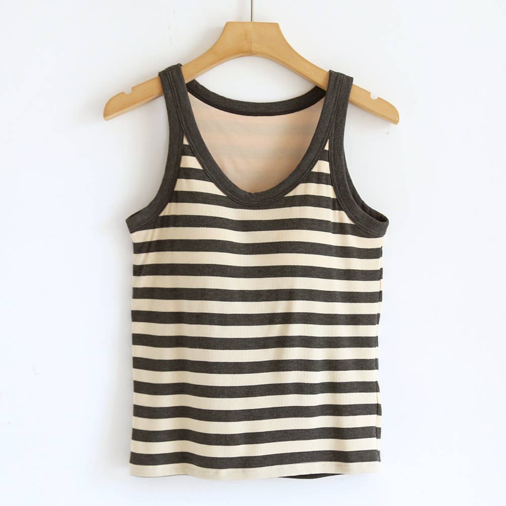 Your Choice...Coffee/ Blue/ Black and Cream Stripe Scoop Neck built-in bra Ribbed Tank Tops