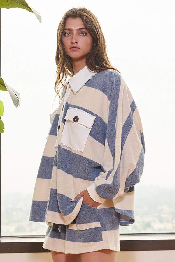 Blue and Cream Drawstring Waist Stripe Print Brush Knit Shorts