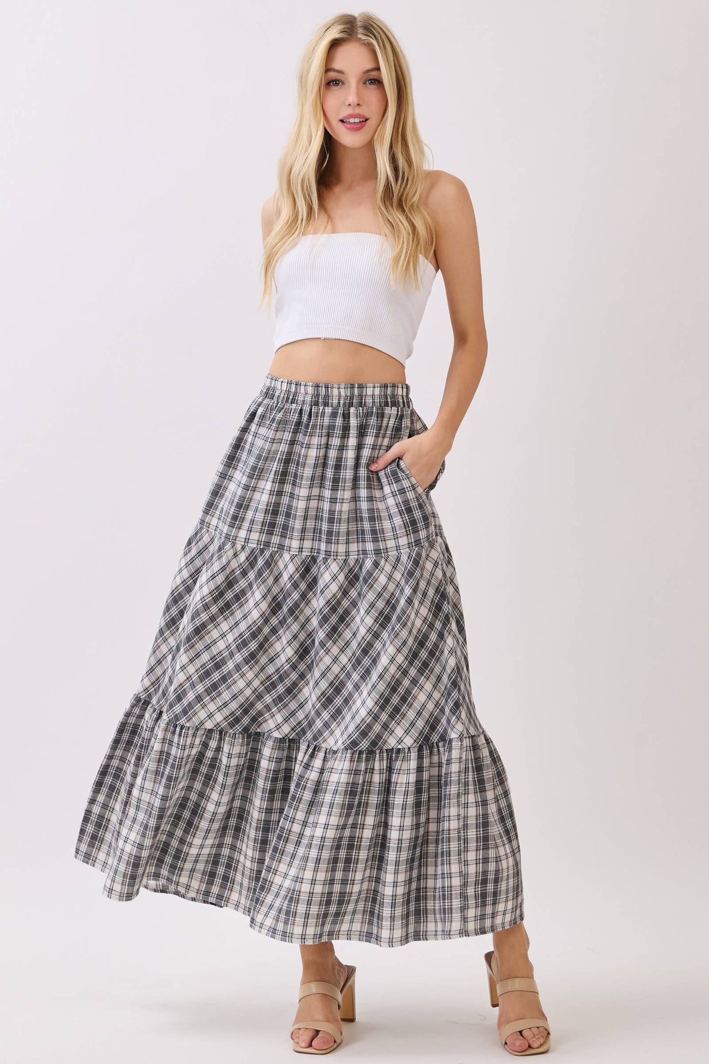Boho Plaid Tiered Midi Skirt