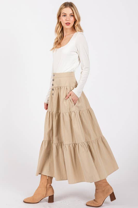 Beige Tiered Cotton Maxi Skirt W/ Button Detailed Front