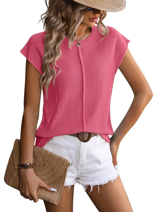 Hot Pink Crewneck Chunky Knit Casual Sweater