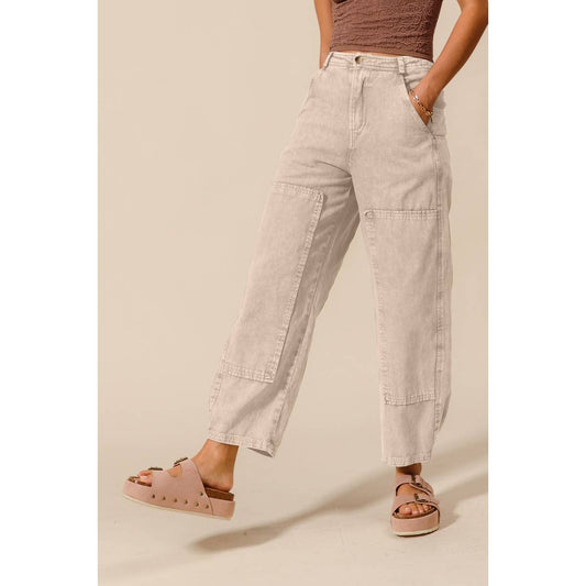 Taupe Mineral-Washed Barrel Pants-131186