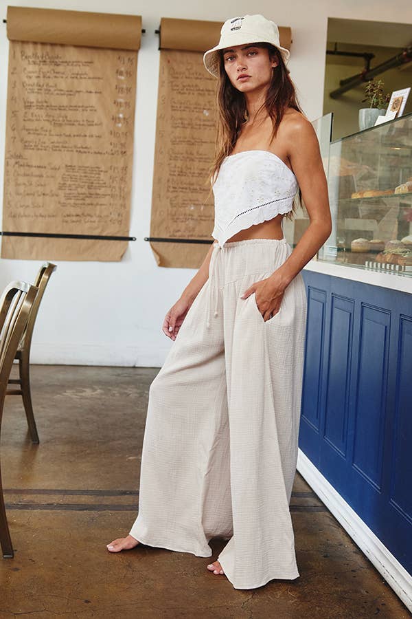 Sand Wide Leg Flattering Drape Solid Cotton Gauze Pants