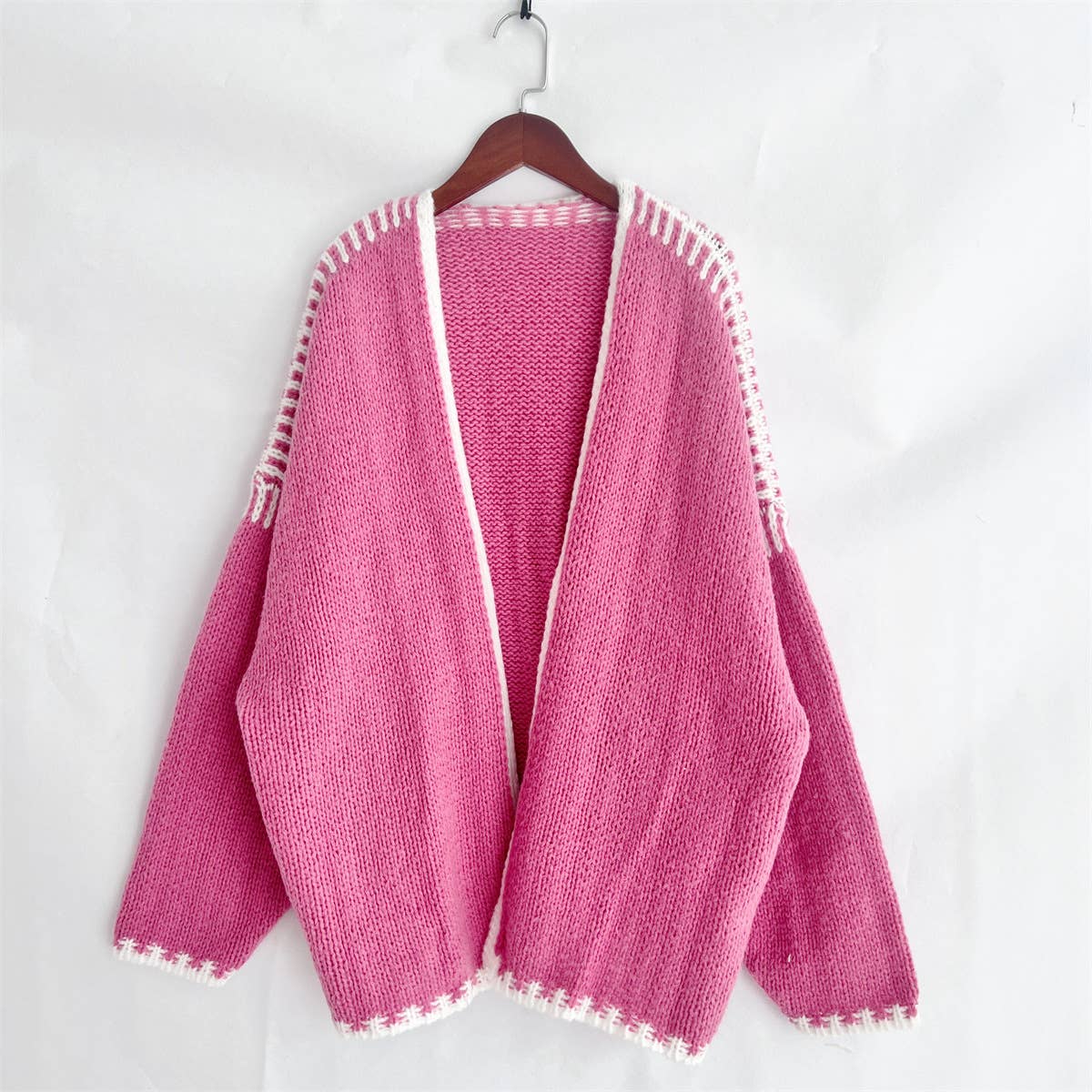 Pink with White Thick Stitched Detail Slouchy Knitted Cardigan