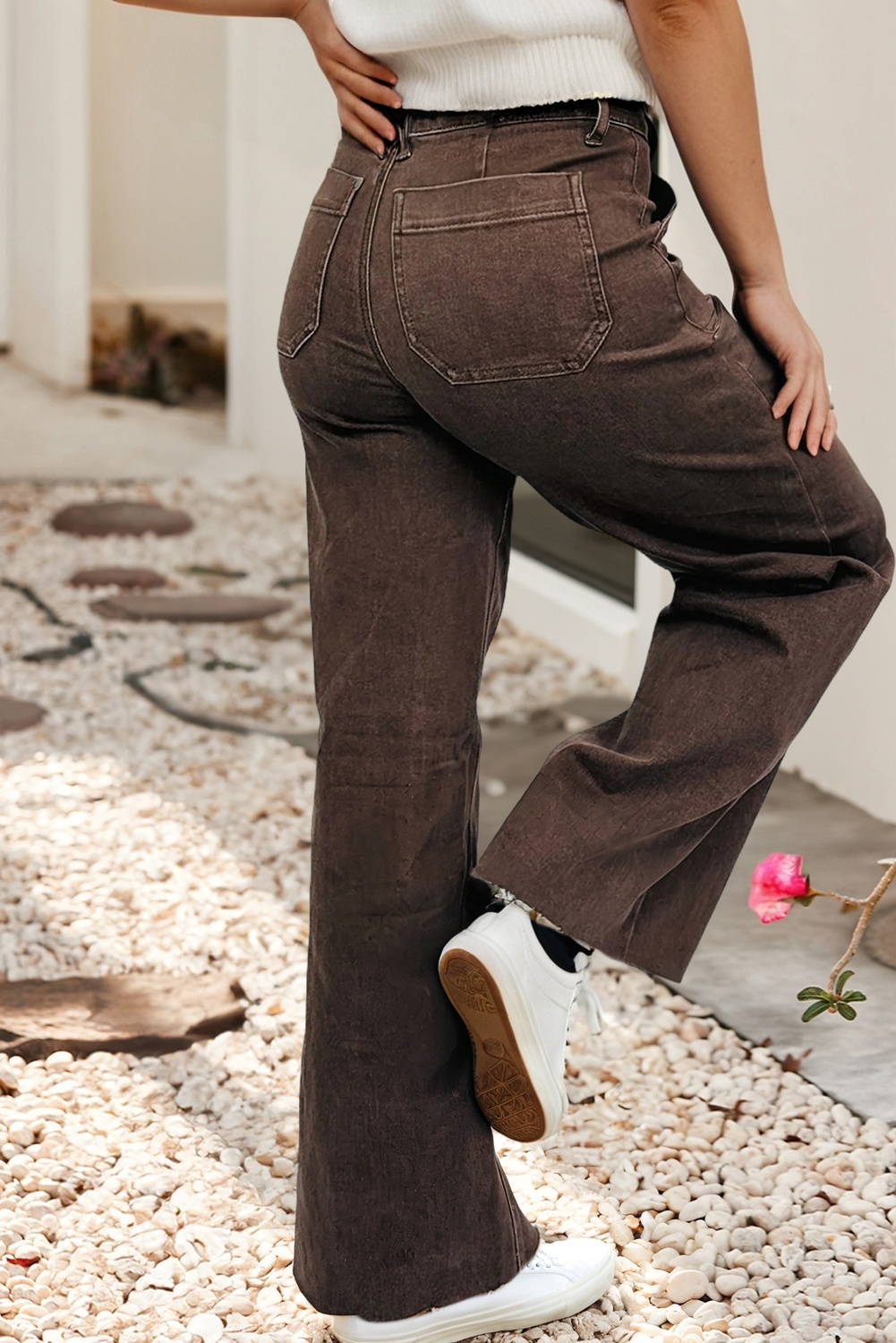 Retro Mocha Brown Washed Patch Pocket Loose Jeans