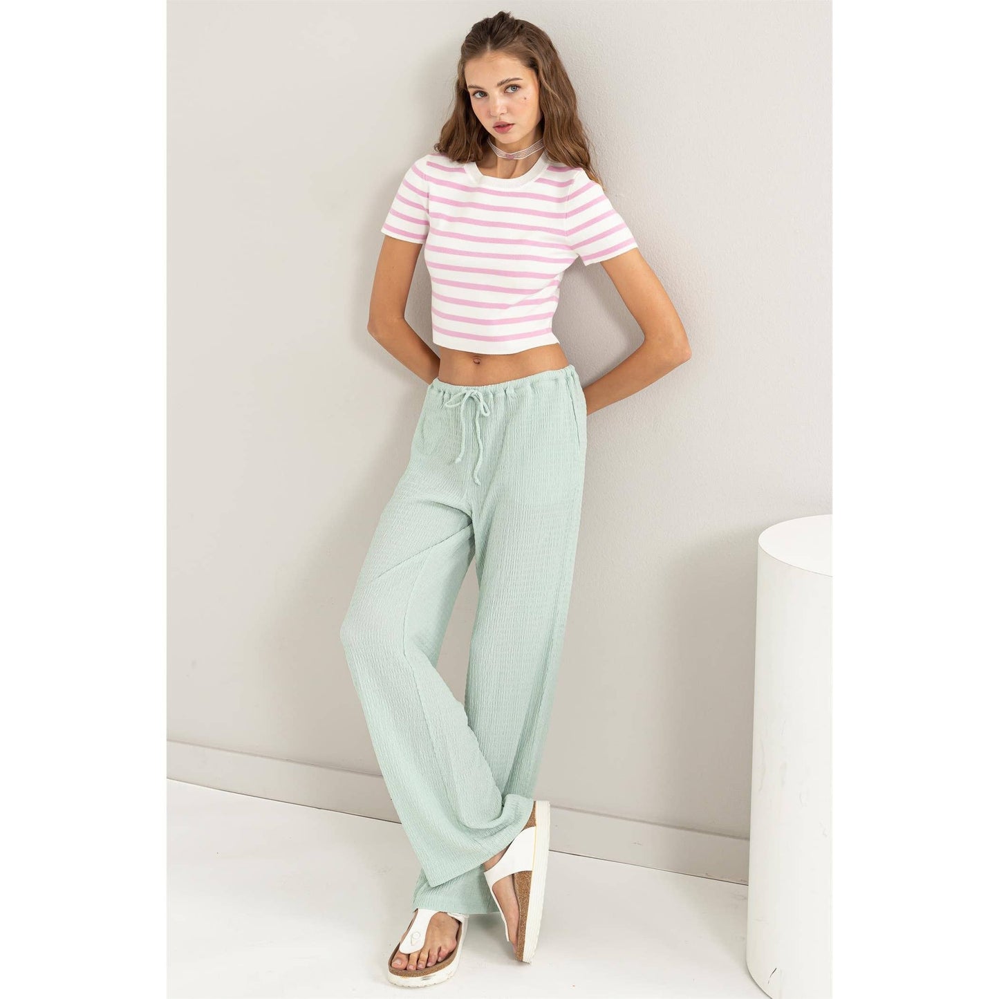 Soft Mint Crinkle Knit Wide Leg Drawstring Pants