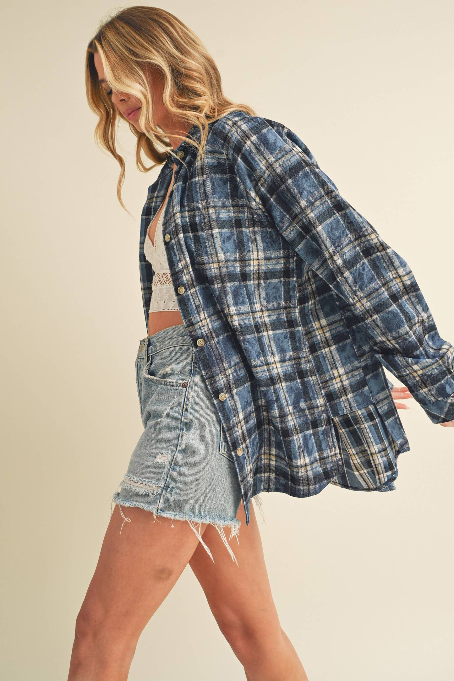 Blue Laura Plaid Washed Overside Flannel Shirt