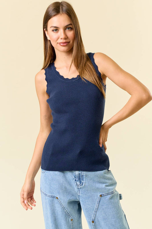 Navy Scalloped Scoop Neck Sleeveless Knit Sweater Top