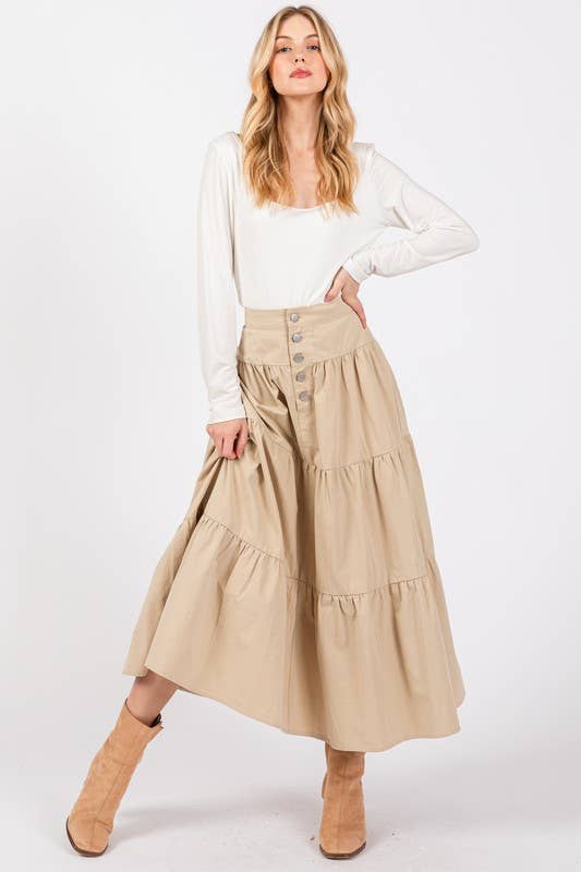 Beige Tiered Cotton Maxi Skirt W/ Button Detailed Front